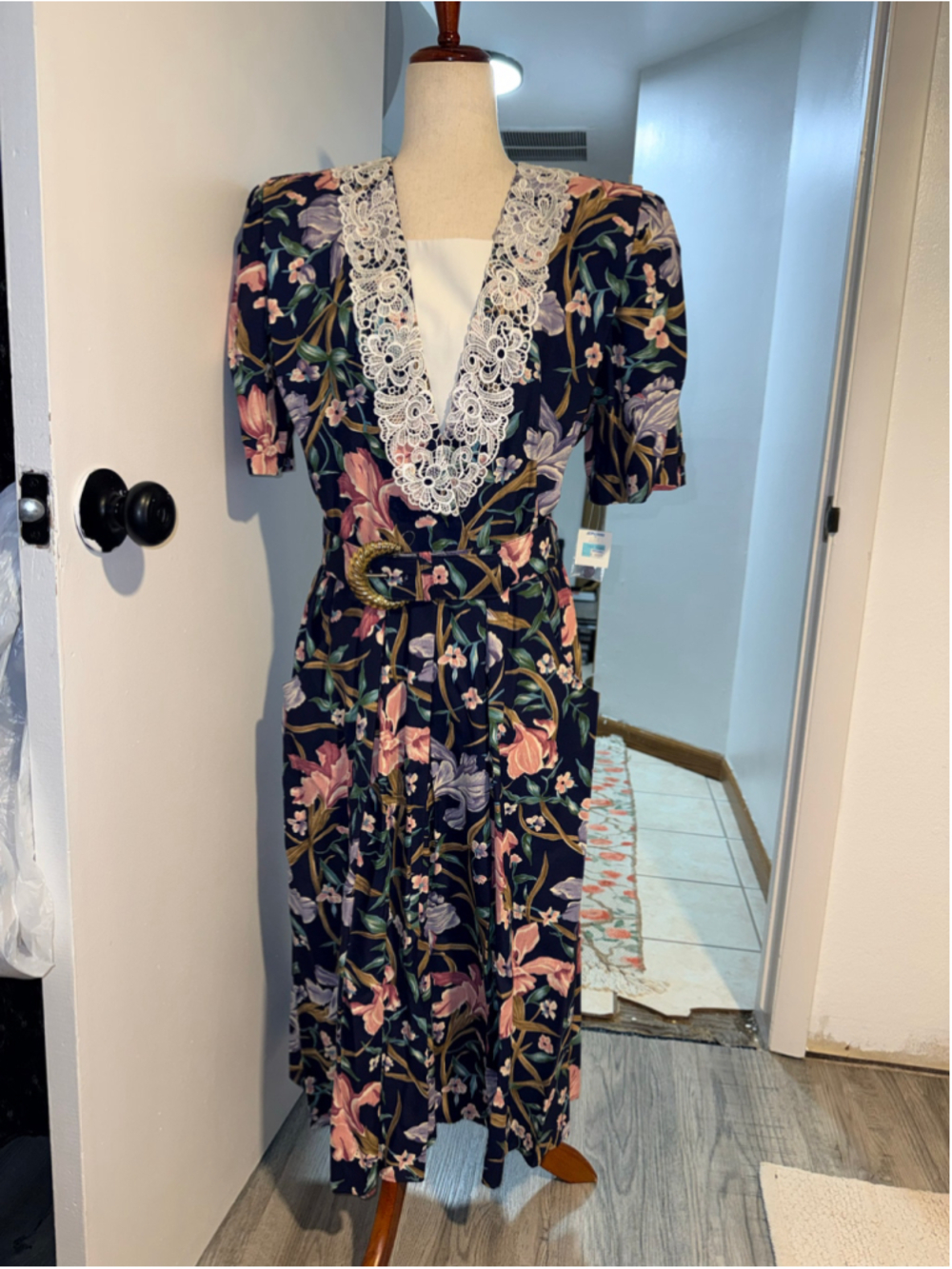 Vtg 80s S.L. Fashions JCPenney Floral Midi Dress NWT Lace Belted Cottagecore s12